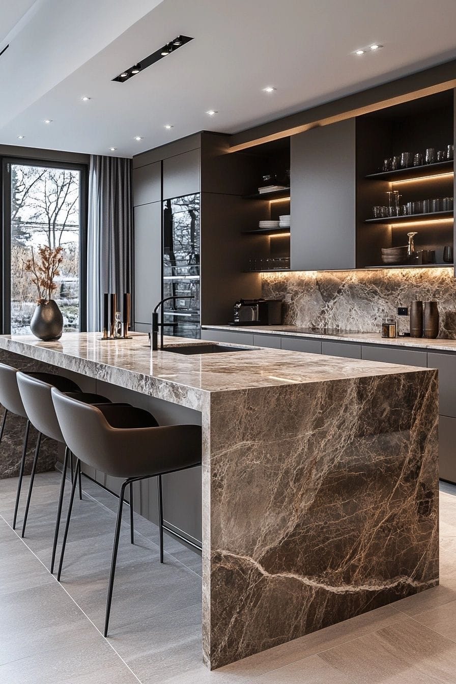 Cuisine haut de gamme avec îlot central en marbre